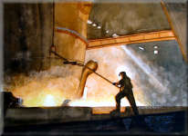 A watercolour painting of a man in a steel works