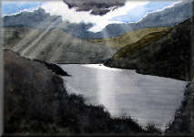 A watercolour painting of the sun setting over Buttermere Lake