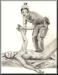 A Pencil drawing of a military nurse holding an injured soldiers hand