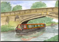 A watercolour painting of a barge on the Grand Union canal