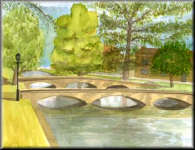 A watercolour painting of Bourton-on-the-Water