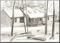 A Pencil drawing of a log cabin