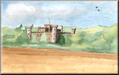 A watercolour painting of a castle surrounded by woodland