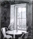 A Pencil drawing of a table and chairs beside a window