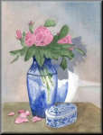 A watercolour painting of a vase of flowers