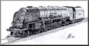 A Pencil drawing of a steam engine
