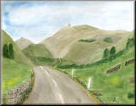 A watercolour painting of a road running over hills