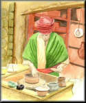 A watercolour painting of an Eastern potter