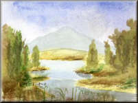 A watercolour painting of a river and trees