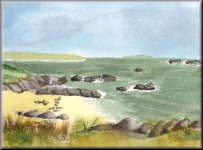 A watercolour painting of rocks on a beach