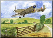 A watercolour painting of a Spitfire landing in a field