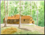 A watercolour painting of a log cabin