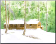 A watercolour painting of a log cabin in winter