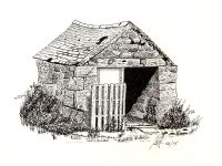 A Pen drawing of a small barn in Wales.