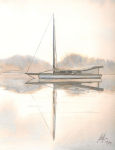 A Painting of a small sail boat at anchor on a mist covered lake