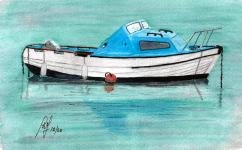 A watercolour painting of a small boat