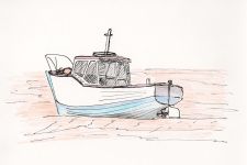 A pen and coloured pencil sketch of a beached boat