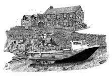 A Pen drawing of a small fishing boat on the beach with sea wall and stone cottages behind