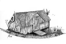 A Pen drawing of a small wooden boat house