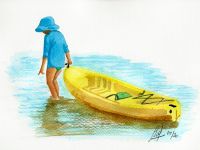 A watercolour painting of a boy pulling a dinghy on the beach