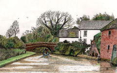 A pen and coloured pencils painting of cottages beside a canal