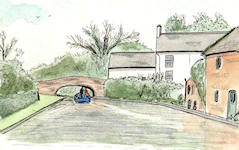 A Pen & Wash painting of cottages next to the Grand Union canal