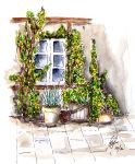 A Pen & Wash sketch of a cottage window with pots and containers beneath