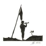 A silhouette drawing of a bugler and a flag