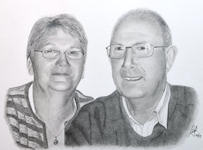 A head-and-shoulders pencil drawing of a man and woman