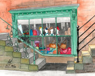 a Pen and Wash painting of the unusual steps around the shop window of a Haberdashery in Robin Hoods Bay