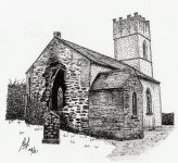 A Pen drawing of an old church in a semi-dilapidated condition