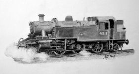A pencil drawing of a steam locomotive