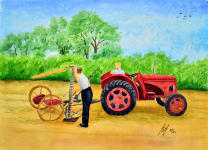 A watercolour painting of a farmer with his tractor and hay cutter