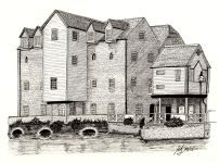 A Pen & Ink drawing of a water Mill