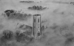 A pencil drawing of Radiating Fog surrounding a church