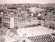 A pen Drawing of the Market Square in Northampton.