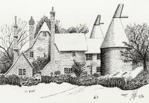 A Pen drawing of an old Oat House just after a snowfall