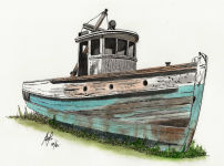 a Pen & Wash painting of an old fishing boat