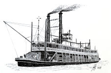 A Pen drawing of an old, shallow draft paddle steam boat.