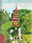 A watercolour painting of the Pagoda in Peasholm Park, Scarborough