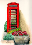 A watercolour painting of an old red telephone box