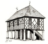 A pen sketch of a a 17th century building on concrete pillars