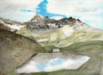 A watercolour painting of Schwarzsee Lake in Switzerland