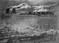 A pencil drawing of houses and factories in an industrial area
