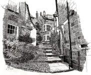 A Pen drawing of cobbled steps running between cottages in Robin Hoods Bay