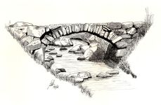 A Pen drawing of a small stone bridge in Snowdonia