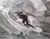 A pencil drawing of a surfer amongst breaking waves