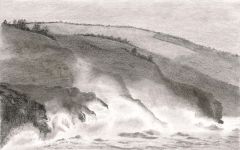 A pencil drawing of waves crashing against coastal rocks