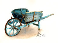 A watercolour painting of an old wooden wheelbarrow