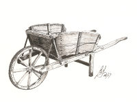 A Pen drawing of an old wooden wheelbarrow.